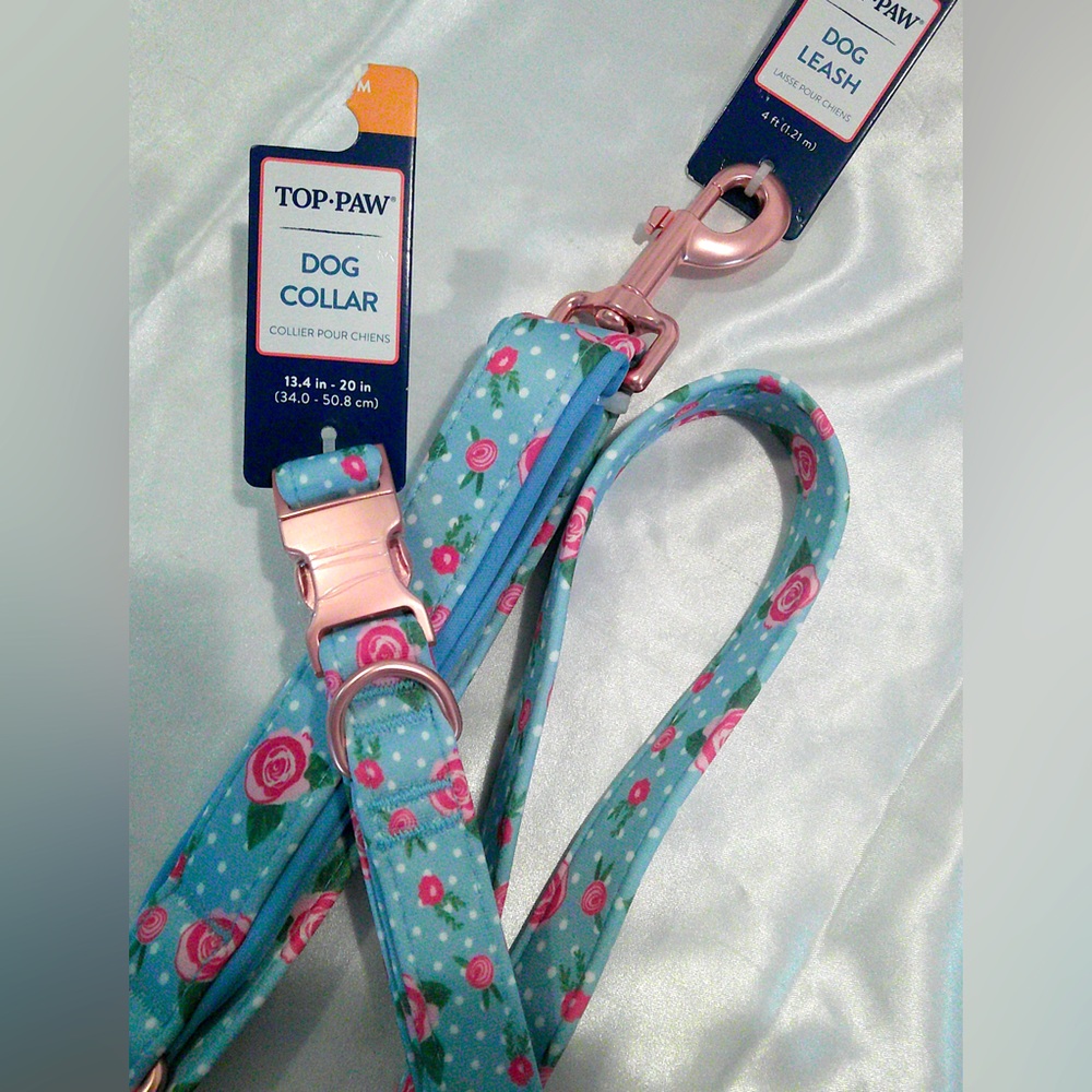 Top Paw Blue Rose Dog Collar (M) and Leash Set - Picture 4 of 5